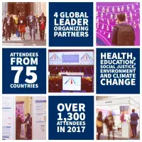 Shows people at a conference and text: four global leader organizing partners, attendees from 75 countries, health, education, social justice, environment and climate change, over 1300 attendees in 2017.