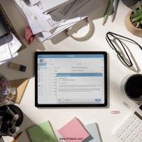 Rommelig bureau met werk-gerelateerde spullen en een tablet